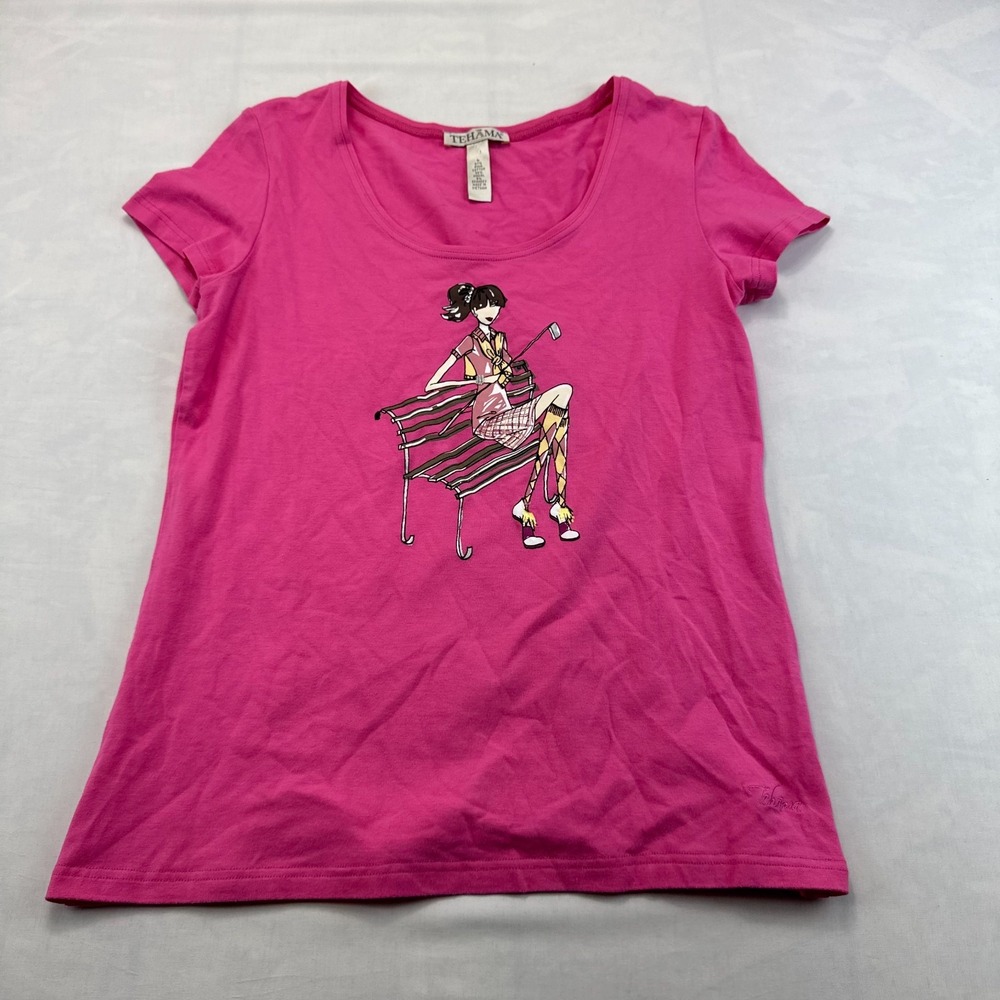 Tehama T-Shirt Womens Medium Pink Golf Bench Graphic Short Sleeve Pullover Tee